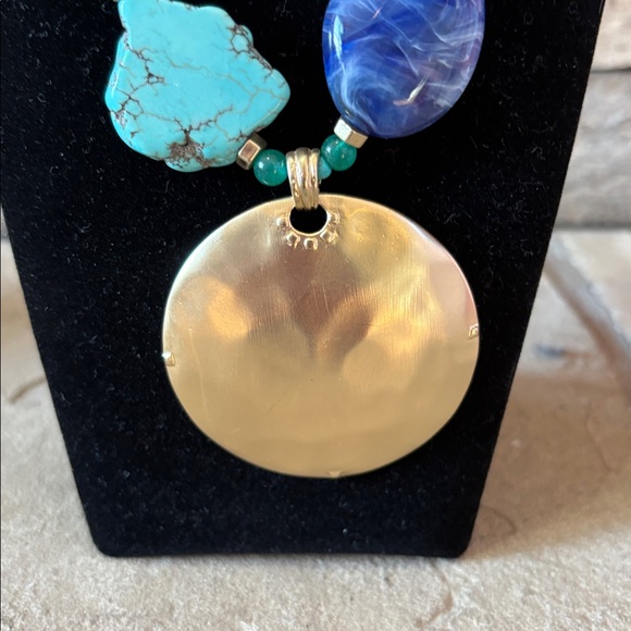 Chico’s multi colored statement necklace with large gold circle pendant - Picture 2 of 6